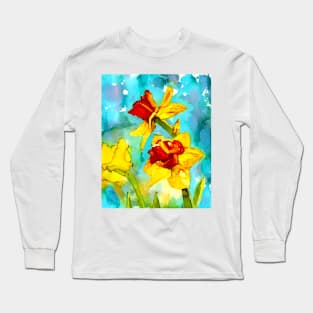 Spring - daffodils in alcohol ink painting Long Sleeve T-Shirt